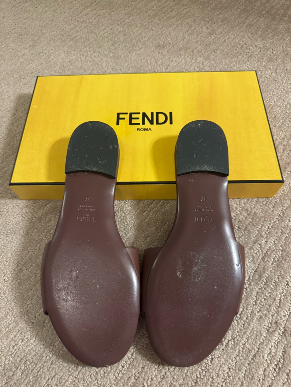 Fendi Brown FF Cutout Leather Slide Sandals - Picture 5 of 7